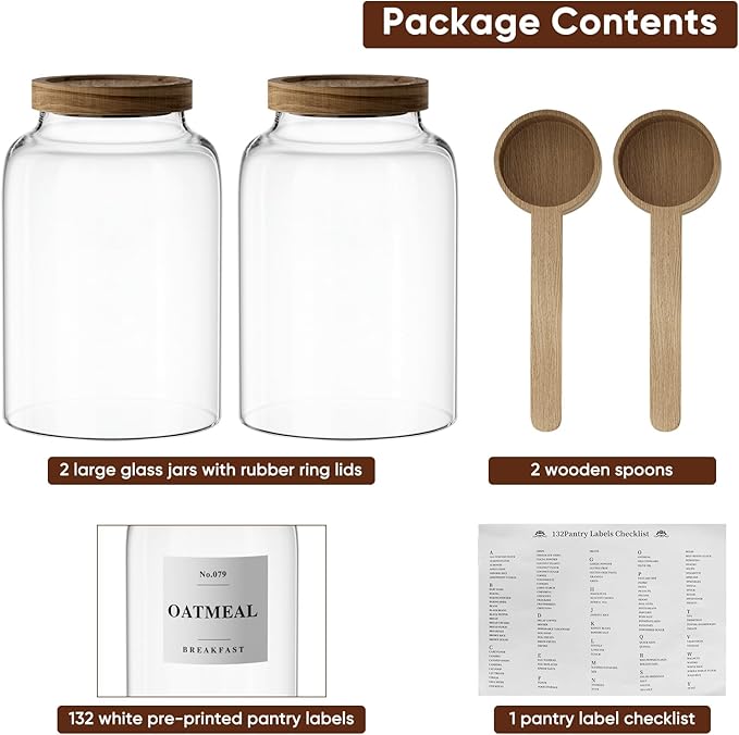 2 PCS Flour Sugar Storage Containers Glass, Large Glass Food Storage Jars with Wood Airtight Lids, 132 Pantry Labels and 2 spoon for Coffee, Flour, Sugar, Spice (70 oz/2000 ml)