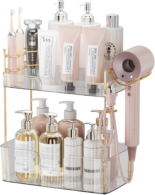 Shuang qing 2 Tier Bathroom Counter Organizer with Hair Dryer Holder, White