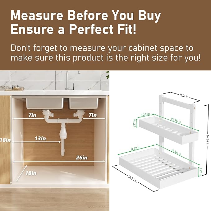 Bamboo Under Sink Storage 2 Tier Pull Out Cabinet Organizer Slide Out Under Sink Storage Shelf Undersink Organizers Shelves for Kitchen Bathroom Organization (White, 2 Packs)