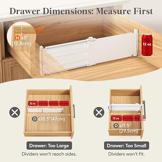 Lifewit 4 Pack 5" High Drawer Dividers for Clothes, 11.5"-18.5" Expandable Dresser Drawer Organizers, Adjustable White Plastic Separators for Kitchen, Cabinet, Nursery, Socks & Underwear Storage