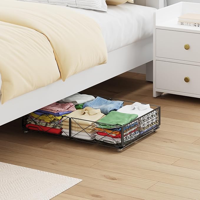 Under Bed Storage with Wheels, Rollable Under Bed Storage Container, Foldable Metal Under Bed Organizer for Bedroom Clothes Shoes Blankets Storage (1black, Black)