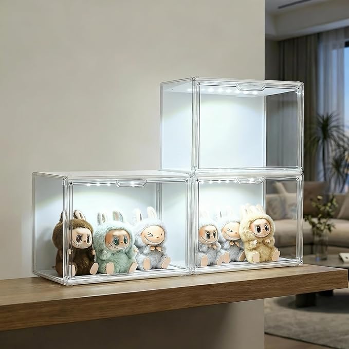 GUDEMAY Clear Acrylic Display Case with Light, Dustproof Stackable Showcase for Collectibles, Figures, Shoes, Toys & Jewelry - Plastic Storage Bins Support Voice Control Lighting