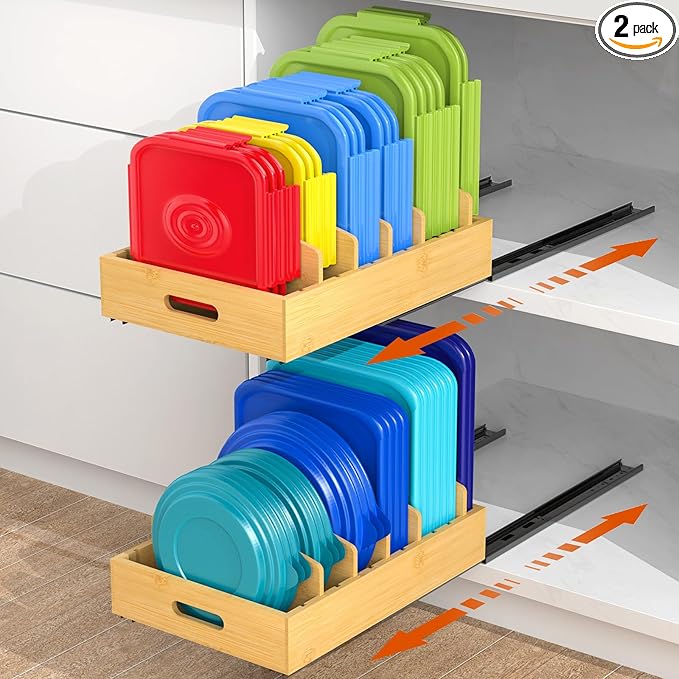 Housolution Pull Out Food Container Lid Organizer with Sliding Rail, Slide Out Plastic Lid Holder Compatible with Tupperware, Bamboo Storage Box with 5 Adjustable Dividers for Kitchen Cabinet, 2 Pack