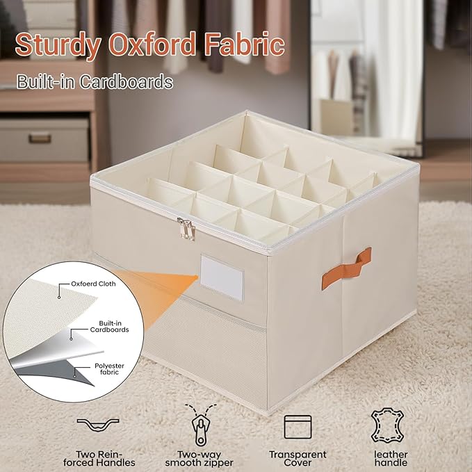 Shoe Organizer for Closet, Foldable Shoe Storage Organizer Containers with Clear Cover, Space Saving Shoes Holder with Handles, Beige (1, L)