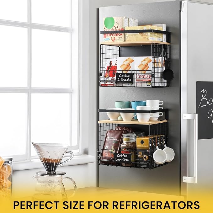 [WIDER SHELF] 2 SET Strong Magnetic Shelf Basket for Fridge with Tag & Bamboo Top, XXL Large Magnetic Spice Rack Shelves for Side of Refrigerator, Kitchen Pantry Storage Organizer for Food Fruit Veg