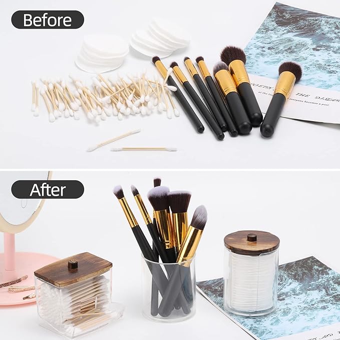 Bathroom Organizer Accessories Set-10 OZ Qtips Holder Storage with Wood Lids