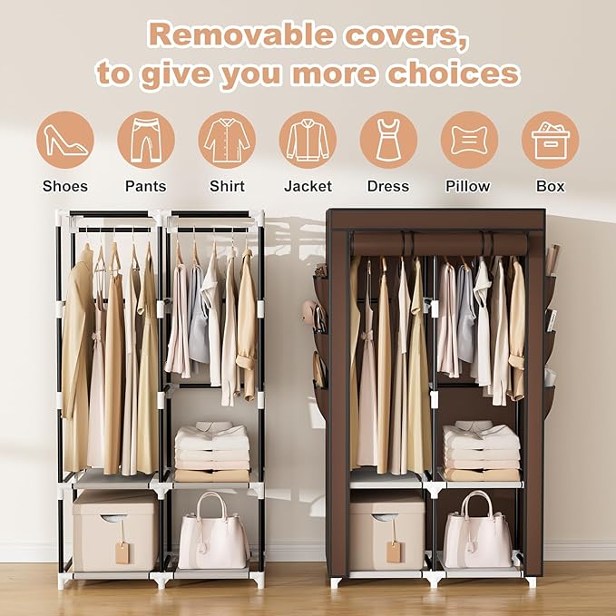 Portable Closet Wardrobe for Hanging Clothes with 4 Storage Shelves, Brown