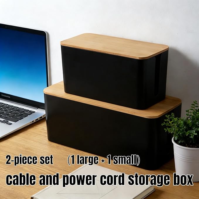 1Large+1Small Cable Organizer Set with 4 Silicone Cable Ties, 2-Piece Cable Management Box, Bamboo Lid Cord Organizer for Home Office,Set of Two Cable Box,Cable Organizer Box(Bamboo lid/Black)