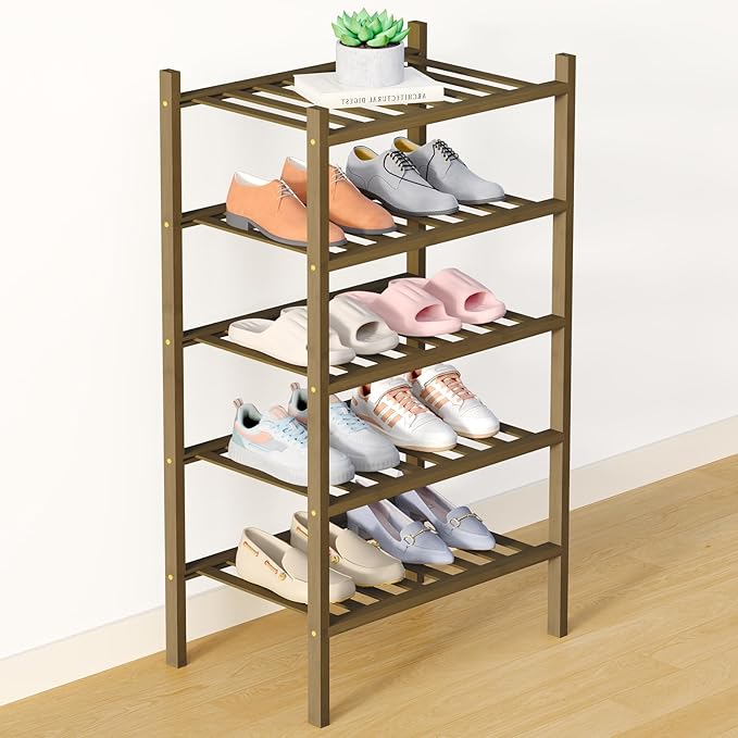 Smiry Bamboo Shoe Rack for Closet, 5 Tier Small Wooden Shoe Organizer, Stackable Wood Shoe Storage Shelf for Entryway, 14 Vertical Slats, 2+3 Stack Heavy-Duty Legs, 17.32"x11.02"x31.3", Walnut