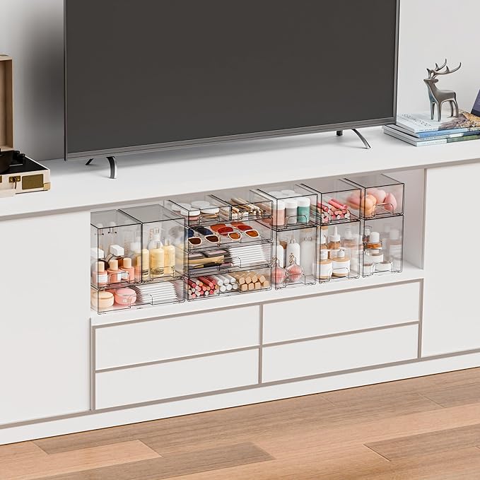 2 Pack Acrylic Drawer Organizer, 12.2''W Clear Stackable Storage Drawers