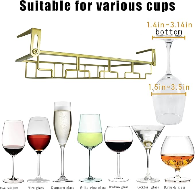 Adjustable Under Cabinet Stemware Holder - Metal Wine Glass Hanger Organizer for Kitchen, Bar, Shelf - Rustproof Hanging Storage Rack for 6-8 Glasses - Space Saving Decor (Gold, 4 Rows)