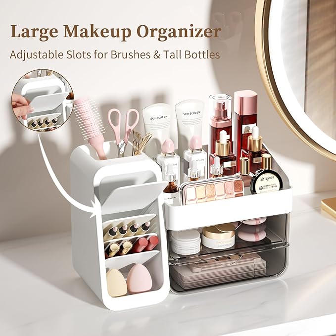 Makeup Organizer for Vanity with 5 Adjustable Dividers & 2 Clear Drawers, Large Make Up Brush & Perfume Holder, Cosmetic Display Cases Skincare Storage for Bathroom Countertop, Office, Pantry, Kitchen