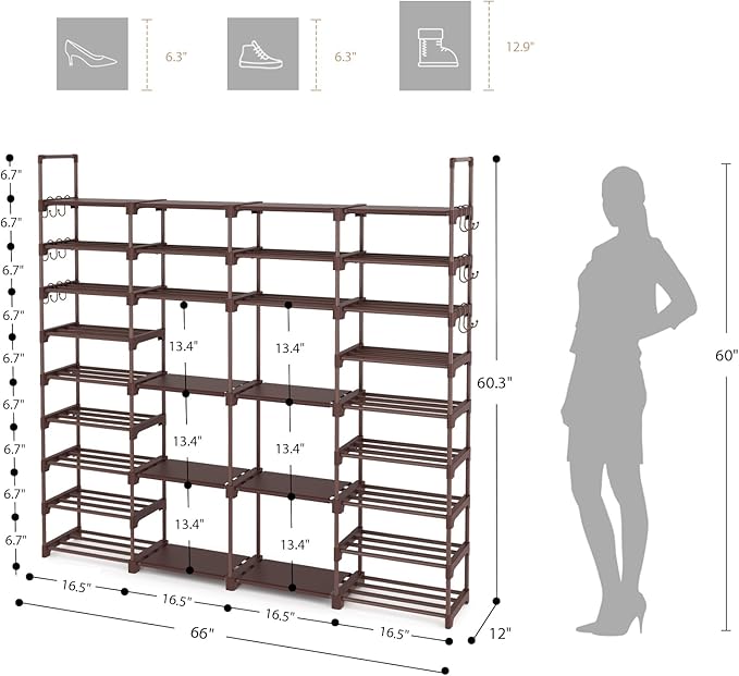 ROJASOP Large Shoe Rack Organizer for Entryway Closet 64-68 Pairs 9-Tier Heavy Duty Tall Garage Shoe Rack Shoe Shelf Shoes Storage with 18 Pcs Removable Side Hooks for Bedroom and Garage Brown