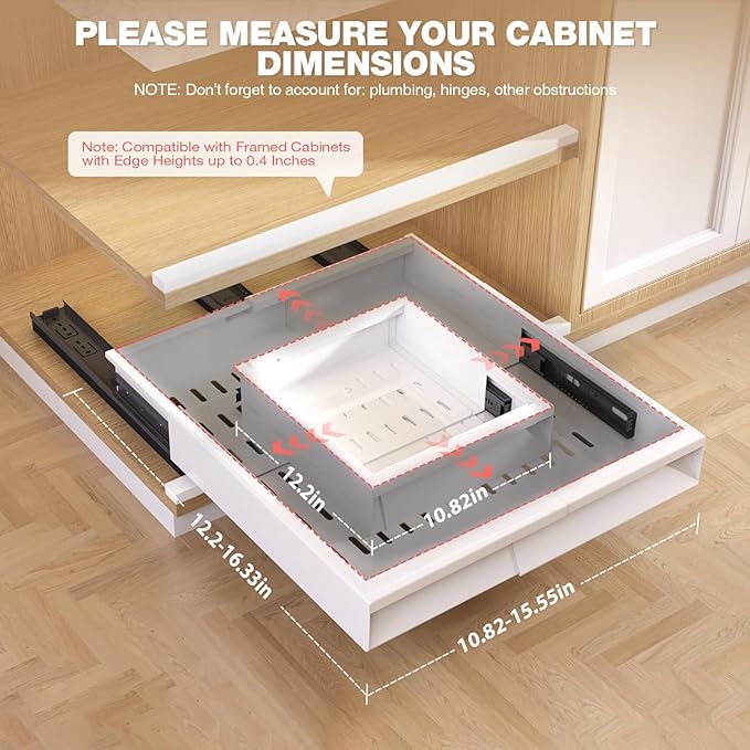 Seinloes Pull Out Cabinet Organizer, 4-Side Expandable to Fit Most Cabinets, 3 Rail Slide Out Drawers with Raising Pad for Framed & Frameless Cabinets, 11"-16" W x 13"-17" D, White, 2 Pack