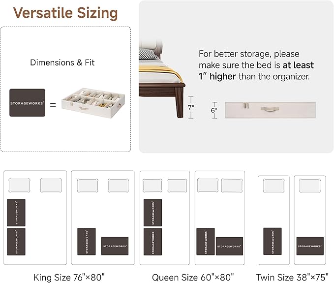 StorageWorks Underbed Shoe Storage Organizer for Closet, 2-Pack Fabric Under Bed Shoe Organizer with Adjustable Dividers, Fits up to 24 Pairs, Beige(Cottlyn Fabric)