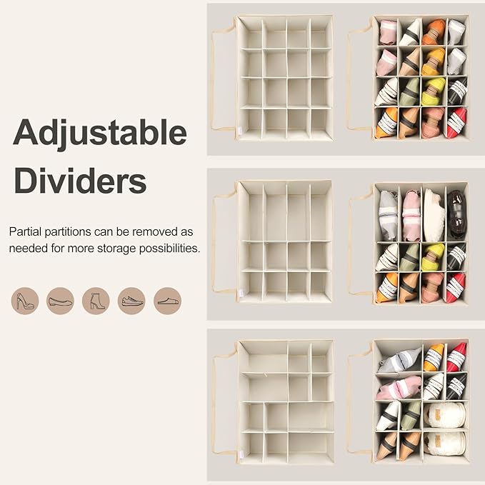 TOPIA HOME Shoe Organizer for Closet 2 Pack, Foldable Shoe Box with Adjustable Dividers and Clear Cover, Space Saving Shoe Storage Organizer Cabinet with Reinforced Handles, Fits 32 Pairs TP12J