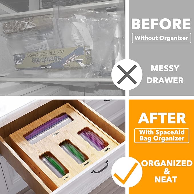 Bag Storage Organizer for Kitchen Drawer, Bamboo Organizer, 2" High)