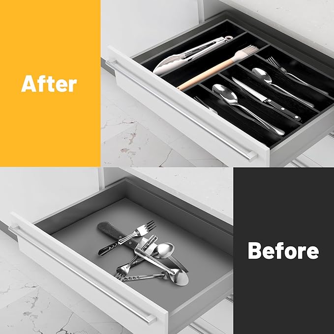 Kitchen Bamboo Silverware Organizer, Kitchen Drawer Organizer, Black