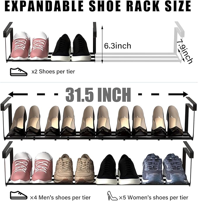 CroBlissful 2 Pcs Expandable Shoe Rack Organizer for Closet 16.5-31.5 Inch Adjustable Retractable Hanging Cabinet Shoe Shelf Dorm Room Storage for Space Saving (Black)