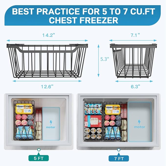 SUNALLY Freezer Organizer Bins, 8 Pack Stackable Chest Freezer Organizer for 5-7 Cu.FT Deep Freezer Sort Frozen Meats and Food, Freezer Storage Baskets with Handles Easy Reach from Bottom, Black
