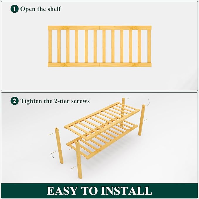 Smiry Bamboo Shoe Rack, 2 Tier Free Standing Wooden Shoe Organizer, Stackable Wood Shoe Storage Shelf for Closet, Entryway, 12 Vertical Slats, One-piece Standard Legs, 26.8"x11"x13", Natural