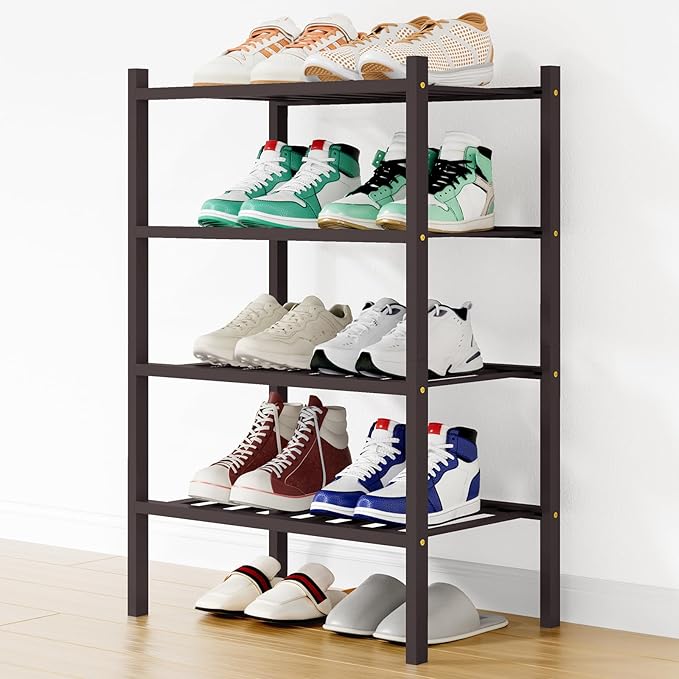 Smiry Small Bamboo Shoe Rack, 4 Tier Free Standing Wooden Shoe Organizer, Stackable Wood Shoe Storage Shelf for Closet, Entryway, 12 Vertical Slats, 2+2 Stack Standard Legs, 17.3"x11"x26", Brown