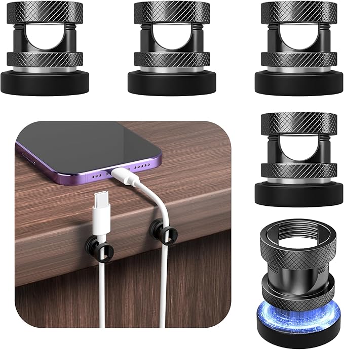 Maveek Magnetic Cable Holder 6 Pack, Stainless Steel Cord Clips Wire Organizer Office Desk Accessories USB Charging Cords Management Nightstand (Metallic Black)