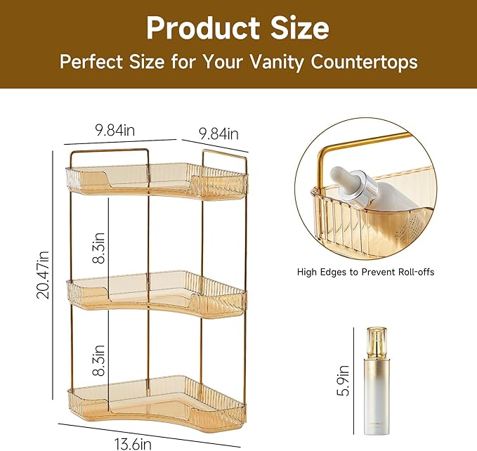 Ceruaxb 3-Tier Corner Bathroom Counter Organizer, Plastic Countertop Makeup Organizer, Large Capacity Vanity Bathroom Perfume Shelf Rack for Kitchen Office Desktop (Amber)