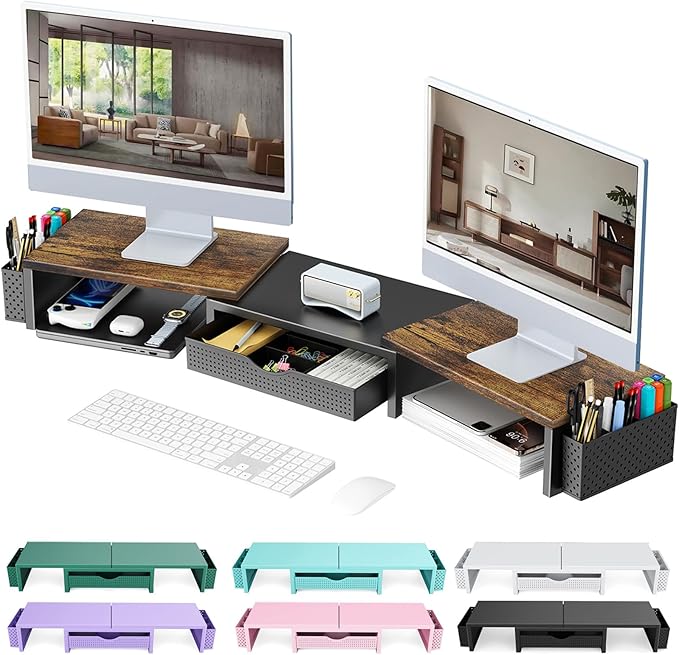 Dual Monitor Stand Riser, Desk Organizer With Drawer and 2 Pen Holders, Wood