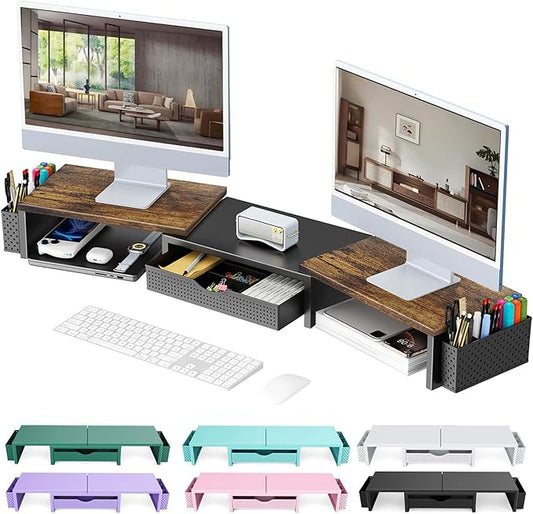 Dual Monitor Stand Riser, Desk Organizer With Drawer and 2 Pen Holders, Wood