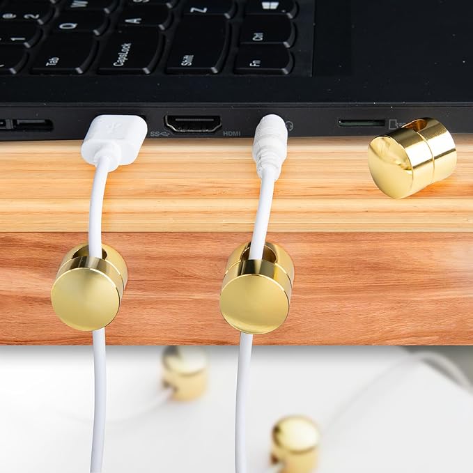 SmallCat 3 Sets Charger Holders for Cords, Gold Adjustable Cable Anchor Holders, Adhesive Metal Cord Clips, Cable Management Wire Organizers for Desk, Office, Nightstand