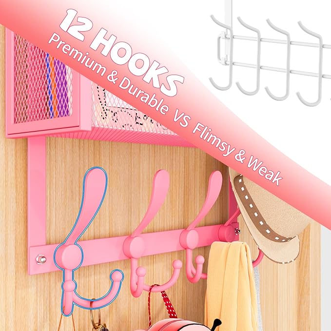 Kaiferty Over The Door Hooks Organizer, Coat Rack Over The Door Storage Hanger Towel Rack, Back of Door Storage Organizer for Bathroom,Bedroom,Kitchen,Office (Pink, 4-Tier)