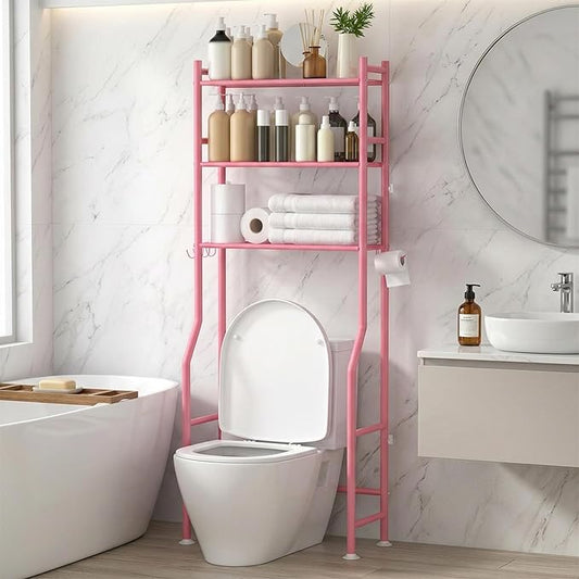 3-Tier Over Toilet Storage with Anti-Tilt Safety System, 64" H, Pink
