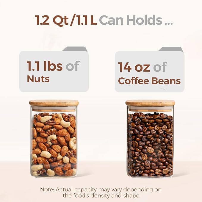 1.2 QT Glass Storage Containers with Lids, Glass Jars with Lids, Clear Food Jar