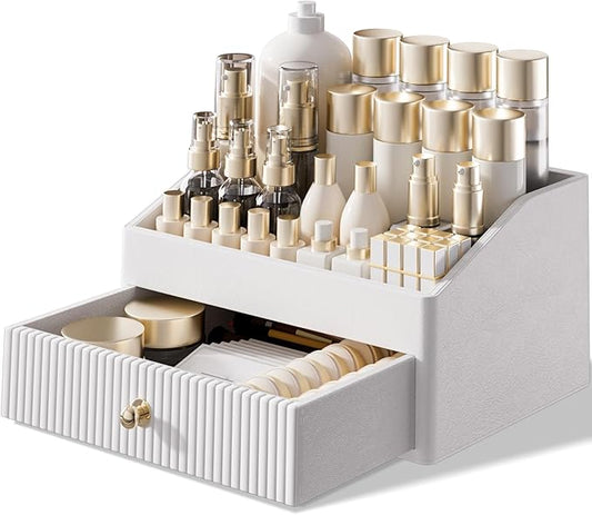 Makeup Organizer, Leather Skin Organizer with 1 Drawer&Tray