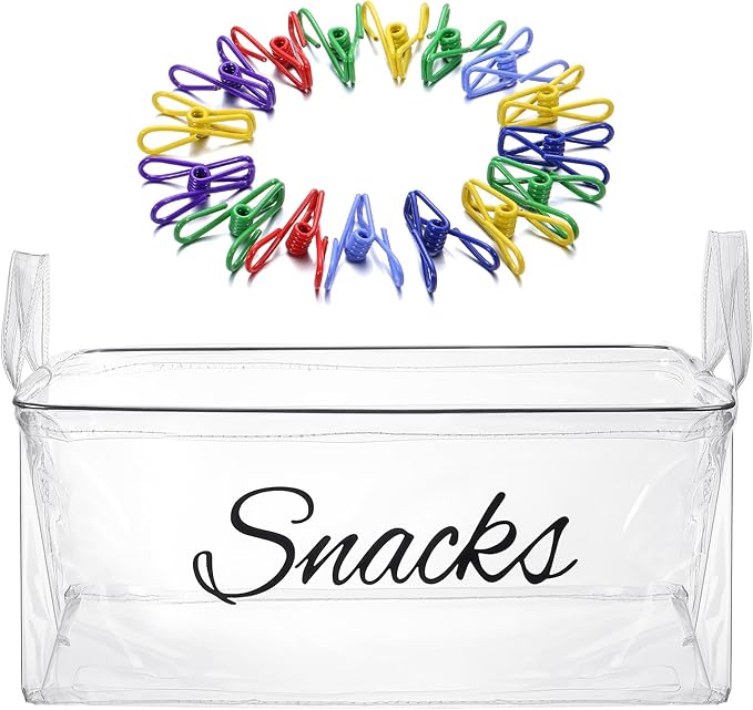 Newtay 17 Pcs Snack Basket Sets, Snack Storage Bin for Pantry Shelves with 16 Pcs 2 Inch Chip Clips, Basket Organizer for Kitchen Home, Chips, Popcorn, Candy, Pretzels (PVC,Clear)