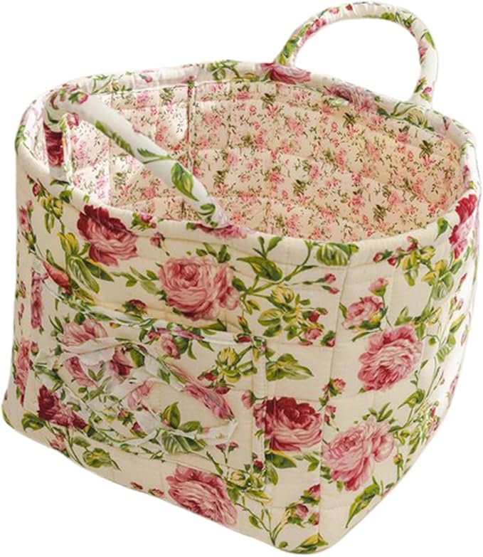 Fabric Baskets for Storage, Quilted Boho Floral Basket with Handles, White