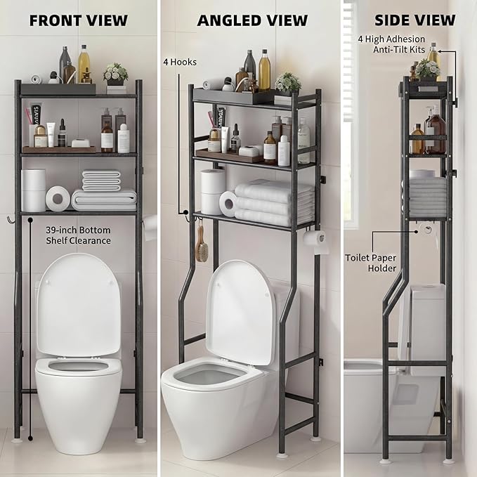 GloTika 3-Tier Over Toilet Storage with Anti-Tilt Safety System - 150lb Total Capacity Metal Bathroom Shelves Including Paper Holder & 4 Hooks, Space Saving Above Commode Organizer (64" H, Snow Black)