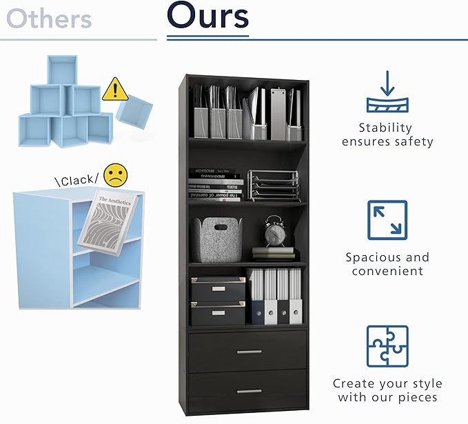Homes: Inside + Out Apexa 3-Tier Cube Storage Organizer Shelves, Stackable Wood Bookcase Fits Cubby Bins for Organization, Dorm Teen Room Decor & Home Office, Black