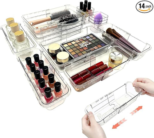 14 PCS Adjustable Clear Drawer Organizer Set