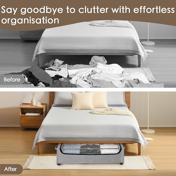 Under Bed Storage with Wheels, 4-Pack Under the Bed Storage Containers with Clear Lids & Label, Underbed Storage Bins, XXXL 85L 11 inches Rolling Metal Drawer for Clothes, Shoes, Toys, Books - Gray
