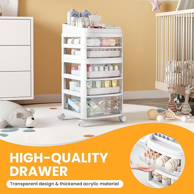 Rolling Cart with 5 Drawers, Clear Plastic Drawer Organizers