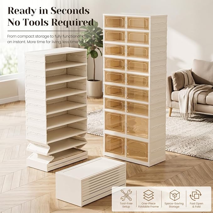 Foldable Shoe Rack with Doors, Stackable Plastic Shoe Organizer, Large Clear Shoe Storage Boxes for Closet and Entryway, Portable Collapsible Shoe Cabinet 9 Tiers, 27Pairs