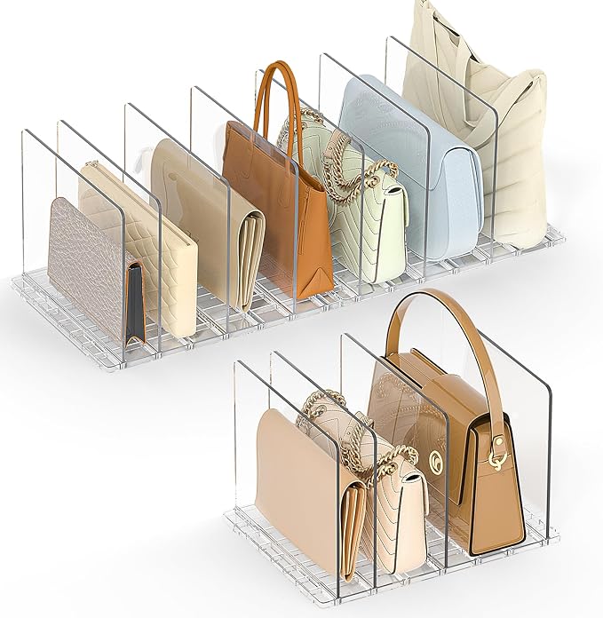 SortNStore Bag & Purse Organizer for Closet: Adjustable Clear Handbag Storage Shelf - Plastic Clutch Dividers for Closet Organizers and Storage - Keep Carteras & Pocketbook Upright 3 Pack - 11Dividers