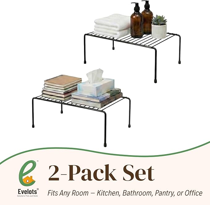 Evelots Kitchen Cabinet Wire Shelf Organizer/Rack - 2 Pack Sturdy Metal Shelf Risers - Double Your Counter Space - Great for Kitchen, Freezer, Pantry and Bathroom - Rustproof - Black