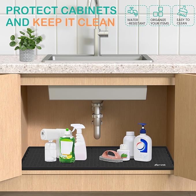 Waterproof Under Sink Mat 34" x 19", Silicone Cabinet Liner, Rubber Protector for Kitchen and Bathroom, Keeps Cabinets Clean, Dry, and Organized (Black)
