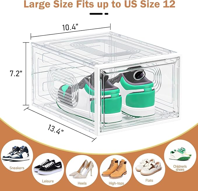 caktraie 10 Pack Thicken Shoe Organizer Stackable,Upgraded Sturdy Shoe Storage Box with Magnetic Door,Shoe Containers For Sneaker Display,Hat Organizer,White