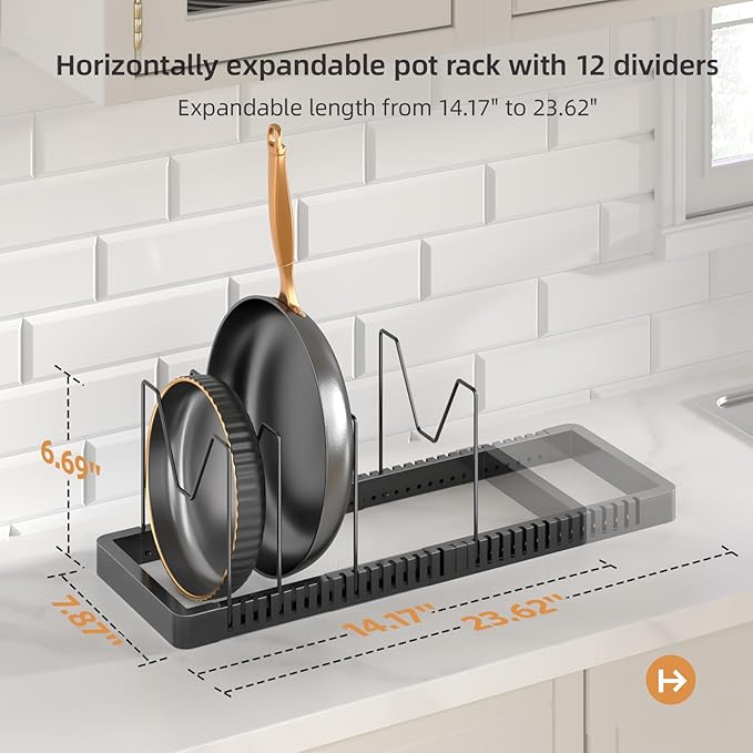PanPanPal Pots and Pans Organizer under Cabinet, Expandable Pot Lid Organizer Holder with 12 Adjustable Compartment, Pan Organizers inside Cabinet for Lids, Bakeware, Kitchen Storage Pot Rack, Black