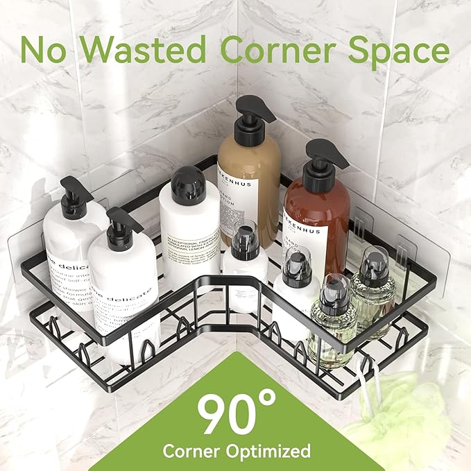 Shower Shelf Corner, Adhesive Shower Caddy Rustproof, Shower Shelves Corner with Soap Holder, No Drilling Shower Corner Organizer for Dorm, Renters Bathroom, Black, 3 Pack
