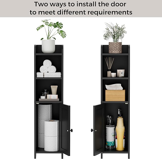 Homhedy Small Bathroom Storage Corner Floor Cabinet with Door and Shelves, Beside The Toilet Paper Stand for Skinny, Narrow Toilet Paper Cabinet, 9.8" D x 7.9" W x 31" H, Black